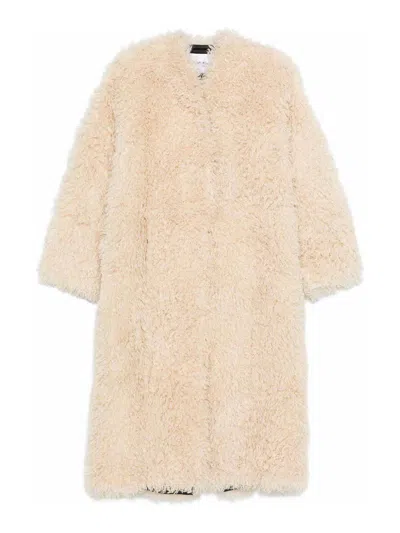 Stand Studio Long Straight Faux Fur Jacket With Hidden Hook Closure In Bianco