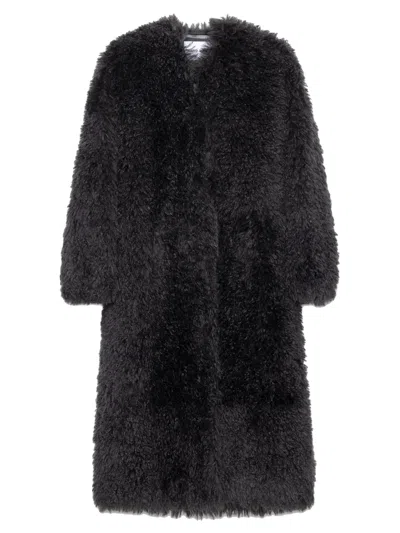 Stand Studio Long Straight Faux Fur Jacket With Hidden Hook Closure, Side Pockets In Grigio