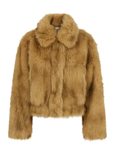 Stand Studio Luxe Faux Fur Stand Collar Jacket With Long Sleeves In Brown