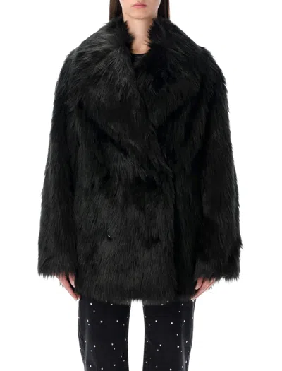 Stand Studio Mid-length Double-breasted Faux Fur Jacket In Black