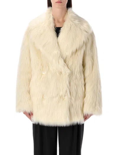 Stand Studio Mid-length Double-breasted Faux Fur Jacket In Brown