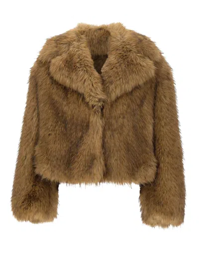 Stand Studio Mini Faux Fur Cropped Jacket With Wide Collar In Brown