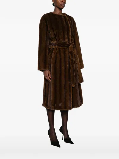 Stand Studio Miranda Belted Faux-fur Coat In Brown