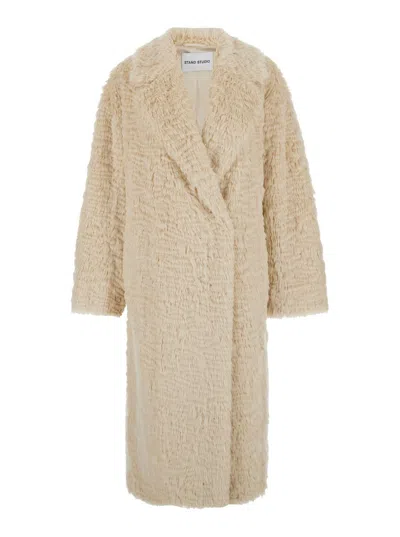 STAND STUDIO 'NICOLE' BEIGE DOUBLE-BREASTED COAT WITH CLASSIC REVERS IN ECO-FUR WOMAN