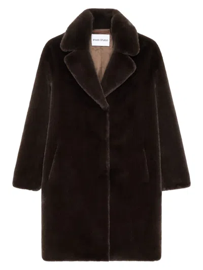 Stand Studio Notch Collar Coat With Concealed Snap Closure, Side Slit Pockets & Interior Zipper Pock In Marrone