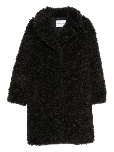Stand Studio Notched-collar Coat With Patch Pockets And Concealed Snap Front In Black