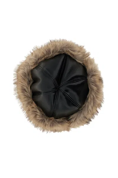 Stand Studio Paneled Rounded Crown Faux Leather Hat With Contrasting Fur Trim In Beige