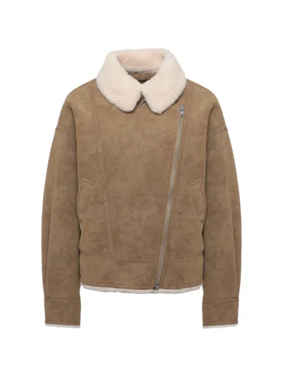 Stand Studio Pica Faux-shearling Trim Biker Jacket In Brown