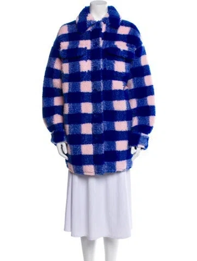 Pre-owned Stand Studio Plaid Print Faux Fur Coat In Blue