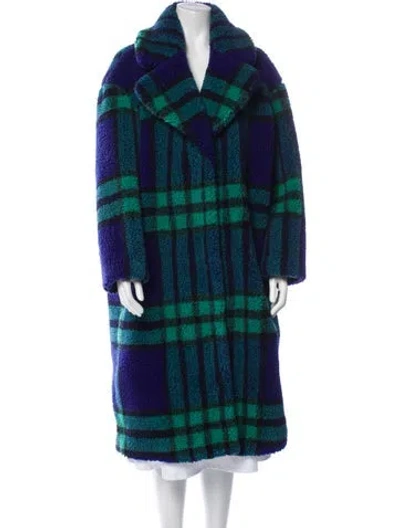 Pre-owned Stand Studio Plaid Print Faux Fur Coat In Blue