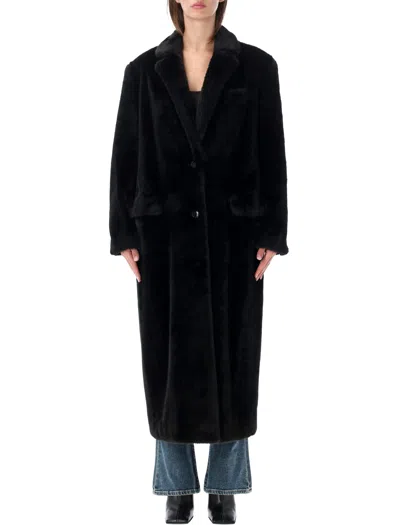 Stand Studio Plush Faux Fur Long Coat In Nero