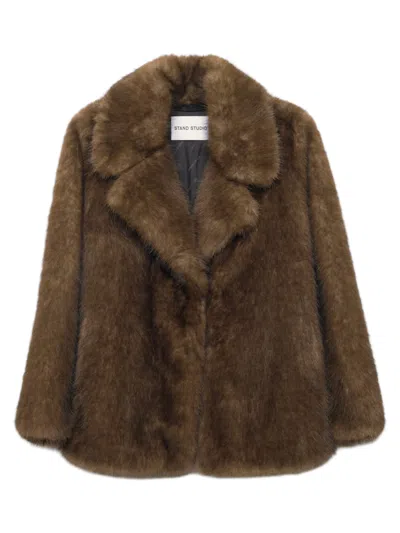 Stand Studio Relaxed Faux Fur Jacket With Wide Lapel Collar In Marrone