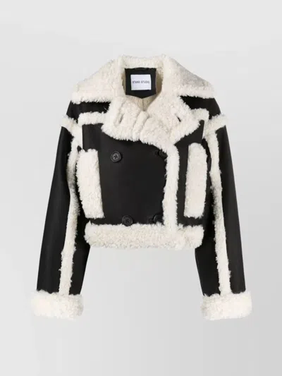Stand Studio Shearling Trim Cropped Jacket In Black