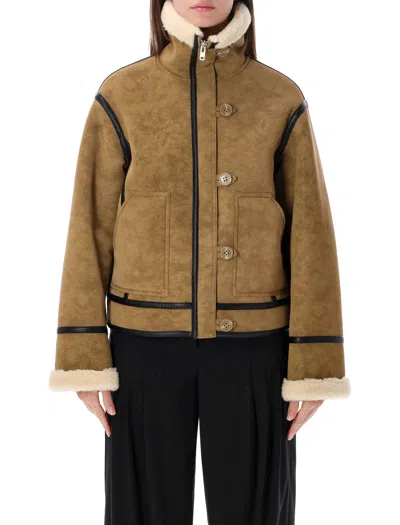 Stand Studio Shearling-trim Suede Jacket In Hazel Beige