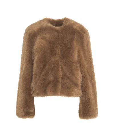 STAND STUDIO SHORT CROPPED FAUX FUR JACKET WITH ROUND NECKLINE