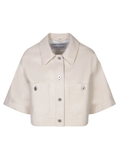 Stand Studio Short Sleeve Faux Leather Shirt. Pointed Collar. Button Front Closure. In White