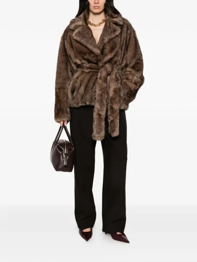 Stand Studio Silena Belted Faux-fur Jacket In Brown