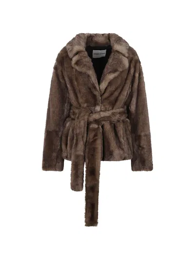 Stand Studio Silena Faux-fur Belted Jacket In Brown