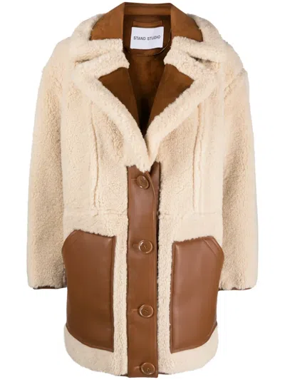 Stand Studio Single-breasted Faux-shearling Coat In Braun