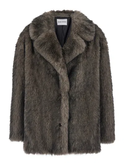 Stand Studio Stand Angelika Faux Fur Mini Jacket With High Collar And Side Pockets In Gray