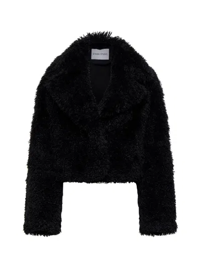 Stand Studio 'samara' Black Crop Jacket In Faux Fur Woman