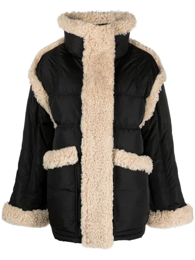 Stand Studio Stand Collar Recycled Down Puffer Coat With Faux Fur Trim & Zip-snap Front In Nero