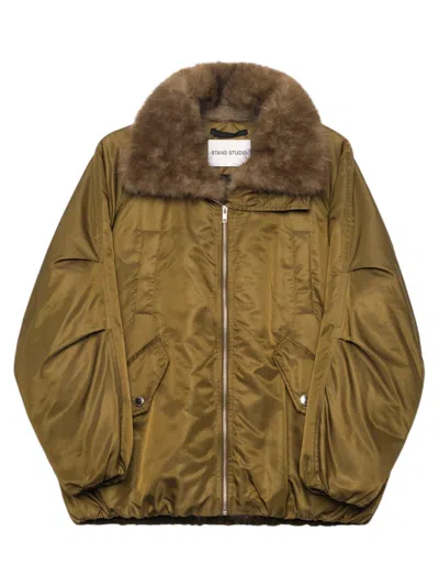 Stand Studio Standout Oversized Puffer Jacket With Detachable Faux Fur Collar, High Neck & Front Zip In Verde