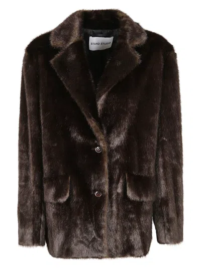 Stand Studio Tailored Short Coat With Faux Fur Texture In Brown