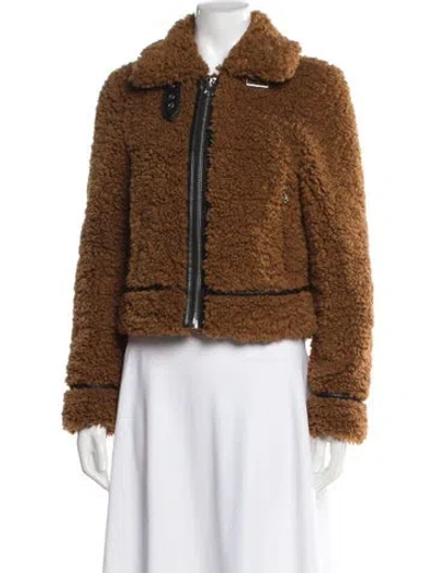 Pre-owned Stand Studio Tweed Pattern Faux Fur Jacket In Brown