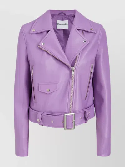 Stand Studio Waist Belted Lapel Zipper Sleeve Jacket In Purple