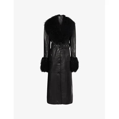 Stand Studio Womens Black Monica Fur-embellished Leather Coat