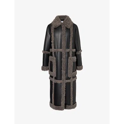 Stand Studio Womens Black Smoke Grey Patrice Patch-pockets Relaxed-fit Faux-leather Coat