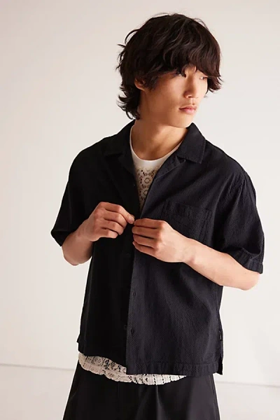 Standard Cloth Liam Seersucker Cropped Short Sleeve Shirt Top In Black, Men's At Urban Outfitters