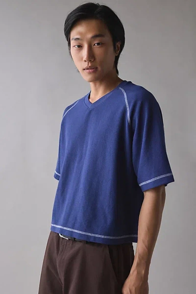 Standard Cloth Reverse Terry Boxy V-neck Shirt Top In Blue, Men's At Urban Outfitters