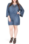 Standards & Practices Plus Bell Sleeve Lace Up Denim Romper In Navy