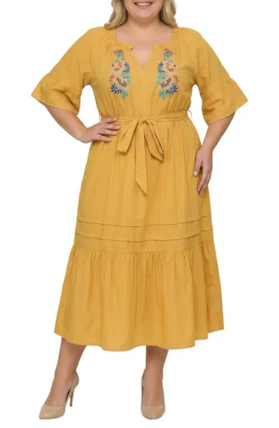 Standards & Practices Plus Boho Embroidered Notched Tie Waist Half Sleeve Midi Dress In Yellow