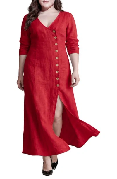 Standards & Practices Button Front Slit Maxi Dress In Red