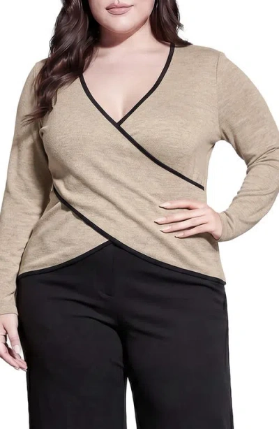 Standards & Practices Contrast Long Sleeve Wrap Front Top In Khaki