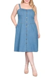 Standards & Practices Wide Straps Button Front Denim Dress In Blue Blast