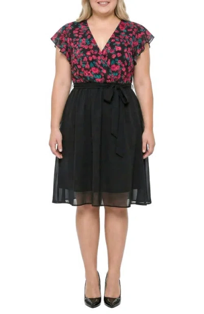 Standards & Practices Plus Floral Top Solid Skirt Flutter Sleeve Dress In Black