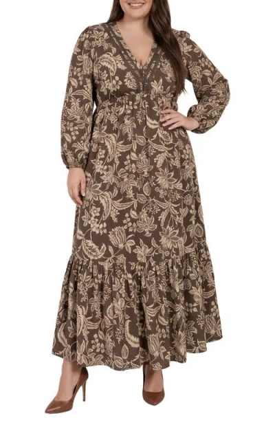 Standards & Practices Floral Long Sleeve Maxi Dress In Brown