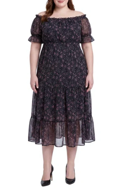 Standards & Practices Floral Off The Shoulder Midi Dress In Black