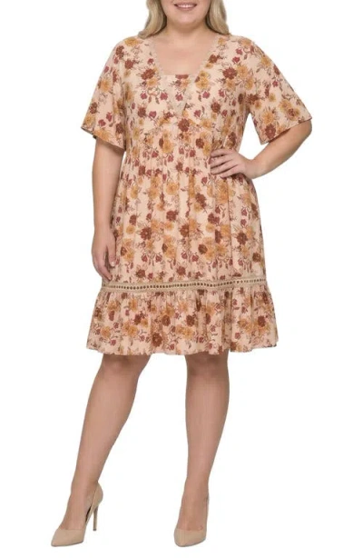 Standards & Practices Plus Floral Crochet Trim Flutter Sleeve Dress In Multi
