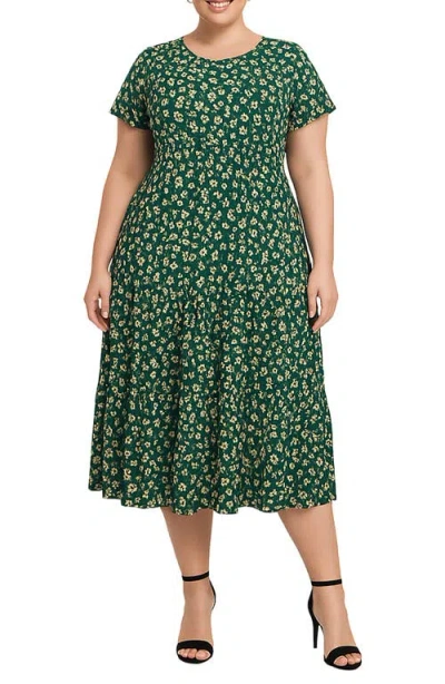 Standards & Practices Floral Short Sleeve Midi Dress In Green