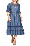 Standards & Practices Lace Inset Tencel® Lyocell Midi Dress In Blue Rinse