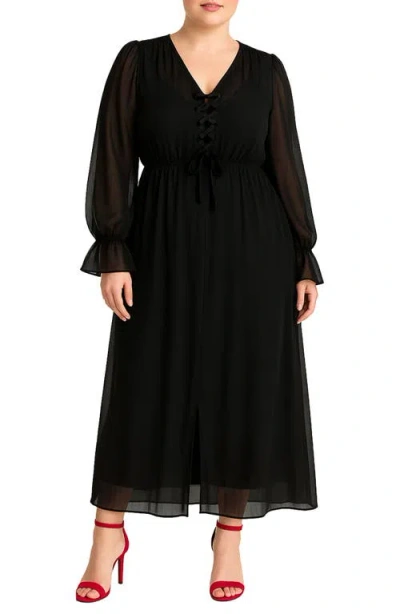 Standards & Practices Lace-up Long Sleeve Chiffon Dress In Black
