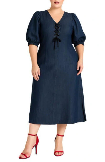 Standards & Practices Lace Up Puff Sleeve Denim Midi Dress In Blue