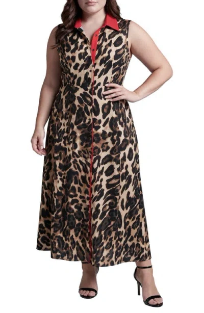 Standards & Practices Leopard Print Sleeveless Shirt Dress In Brown