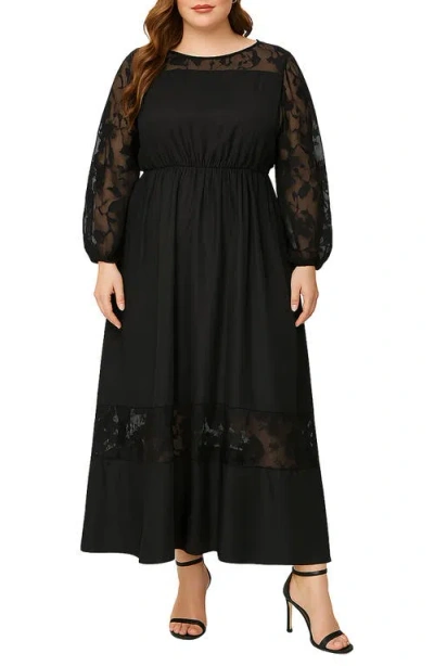Standards & Practices Mixed Media Long Sleeve Maxi Dress In Black