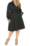 Standards & Practices Notched Lapel Long Sleeve Crepe Wrap Dress In Black